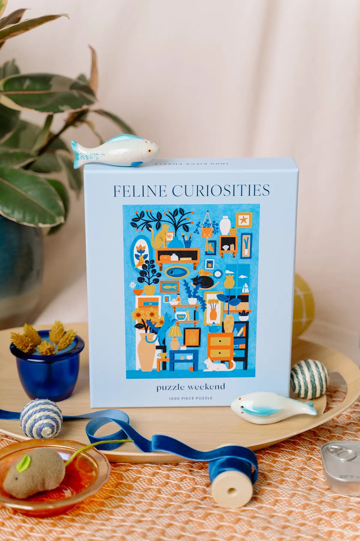 Puzzle box titled 'Feline Curiosities' on a decorative surface with plants and toys.