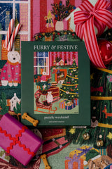 Puzzle box titled 'Furry & Festive' surrounded by Christmas-themed decorations.