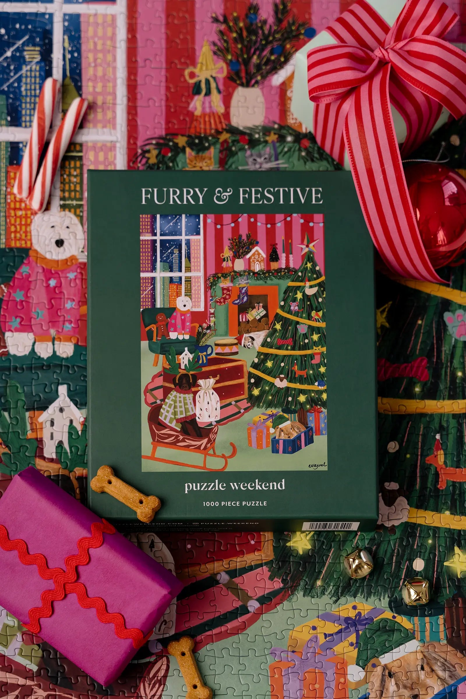 Puzzle box titled 'Furry & Festive' surrounded by Christmas-themed decorations.