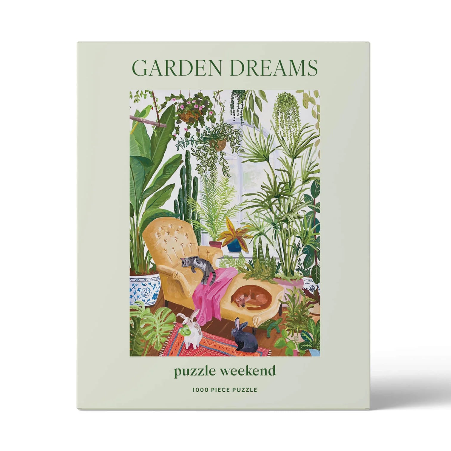 Garden Dreams puzzle packaging with illustrations of a garden scene and text.