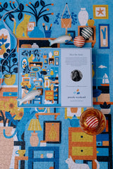 Jigsaw puzzle with colorful illustrations on a blue background